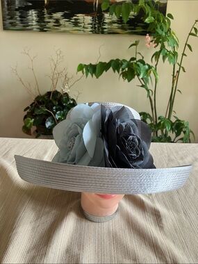 Chic Satin Ribbon Gray Hat With Dusty Blue and Black Organza Flower Accents